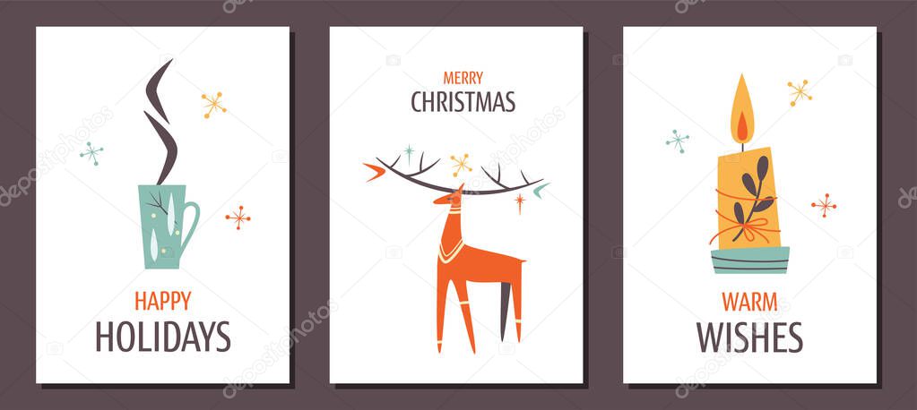 Set of Minimalistic greeting cards with reindeer, candle and cup of tea in Vintage design style. Mid Century Modern Vector Illustrations. Seasons greeting.