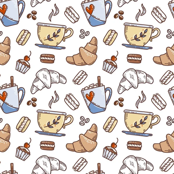 Vektör el çizimi robot resim tarzı çay ya da kusursuz kahve deseni. Kupa ve kupa, kahve çekirdekleri, kurabiye, kek, kruvasan. Vektör illüstrasyonu.