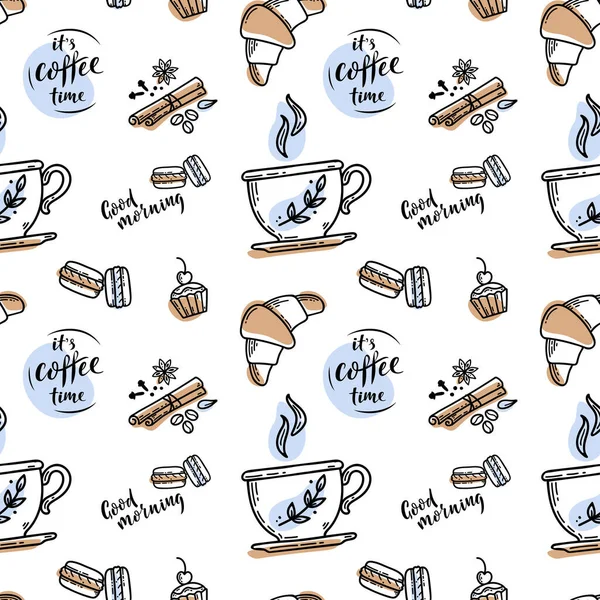 矢量手绘草图或带有字母符号的咖啡图案 该喝咖啡了 咖啡杯 香料和咖啡豆 金银花 羊角面包 矢量说明 — 图库矢量图片