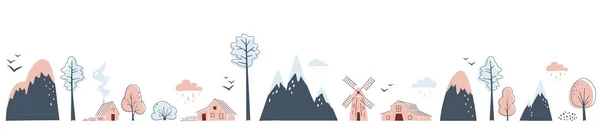 Minimalistic Seamless Border Mountains Trees Houses Windmill White Background Landscape — Stock Vector