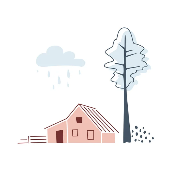 Minimalistische Kaart Met Sparren Huis Wolk Witte Achtergrond Herfst Winter — Stockvector