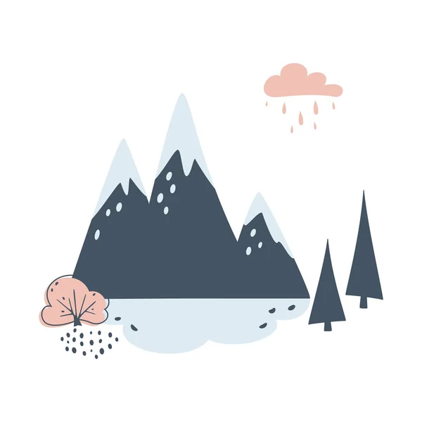 Minimalistische Karte Mit Bergen Tannen See Und Wolke Auf Weißem — Stockvektor