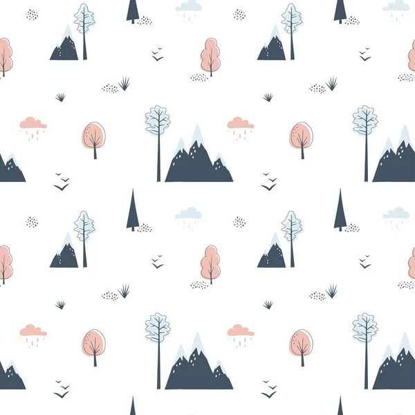 Minimalistisches Nahtloses Muster Mit Bergen Und Bäumen Auf Weißem Hintergrund — Stockvektor