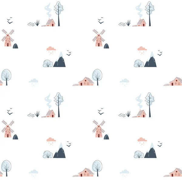 Minimalistisches Nahtloses Muster Mit Bergen Bäumen Häusern Und Windmühle Auf — Stockvektor