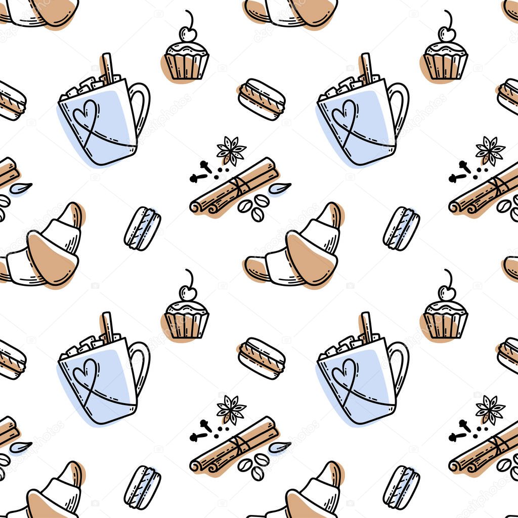 Vector hand drawn sketch style tea or coffee pattern. Cup, spices and coffee beans, macaroons, cake, croissant. Vector illustration.