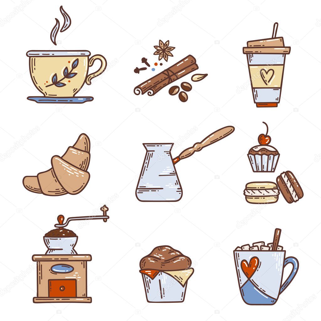 Hand drawn coloured coffee set. Vector sketch illustration set with cup, cezve, spices, coffee grinder, croissant and other desserts. Menu design for cafe and restaurant.