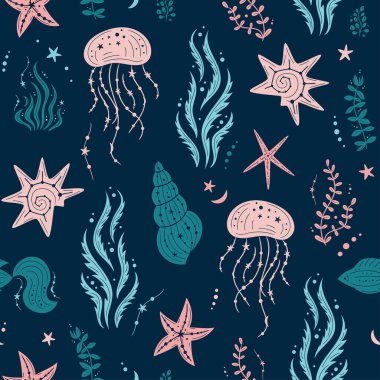 Seamless pattern with seashells, seaweed, jellyfish and starfishes. Marine dark blue background. For printing, fabric, textile, manufacturing, wallpapers. Under the sea.
