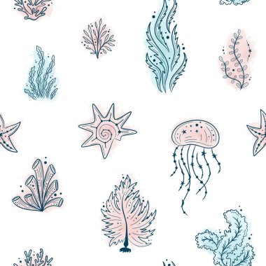 Seamless pattern with jellyfishes, seashells, seaweed, coras and starfishes. Marine life on white background. For printing, fabric, textile, manufacturing, wallpapers. Under the sea.