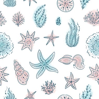 Seamless pattern with seashells, seaweed, fish, corals and starfishes. Marine life on white background. For printing, fabric, textile, manufacturing, wallpapers. Under the sea.