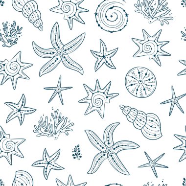 Seamless pattern with seashells, corals and starfishes. Marine dark blue background. For printing, fabric, textile, manufacturing, wallpapers. Sea bottom.