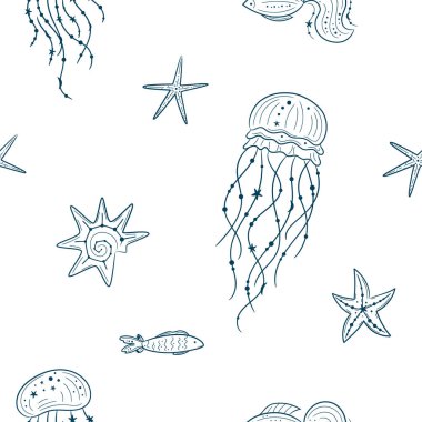 Seamless pattern with seashells, jellyfish and starfishes. Marine minimal background. For printing, fabric, textile, manufacturing, wallpapers. Under the sea.