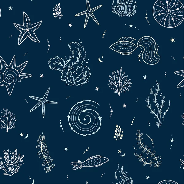 Seamless Pattern Seashells Seaweed Fish Starfishes Marine Dark Blue Background — Stock Vector