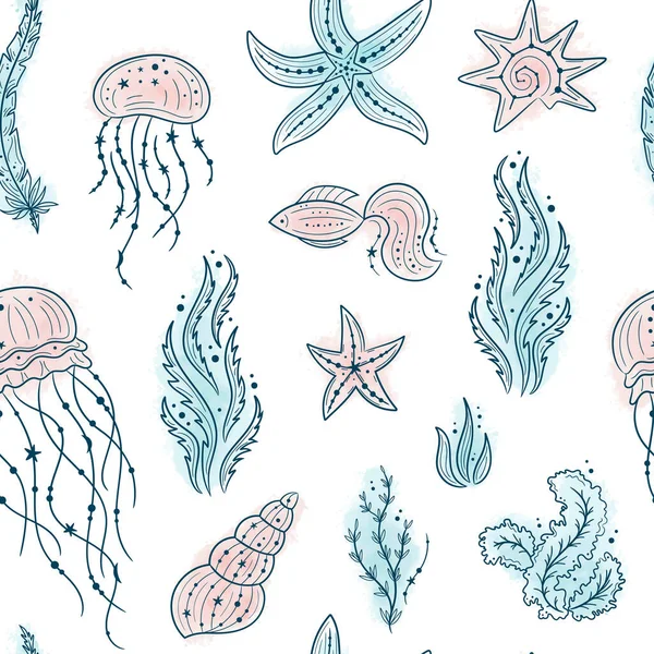海贝壳 鱼和海星的无缝图案 白色背景的海洋生物 用于印刷 纺织品 制造业 在海底下 — 图库矢量图片#