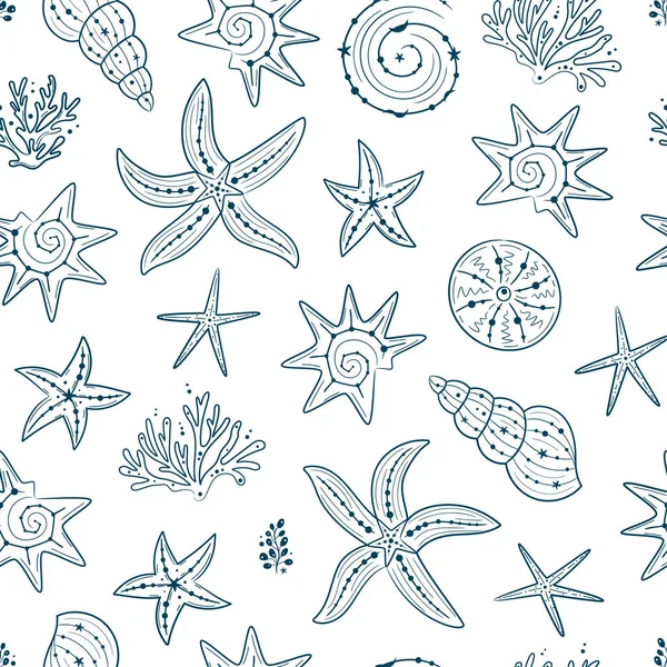 海贝壳 珊瑚和海星的无缝图案 海洋深蓝色背景 用于印刷 纺织品 制造业 — 图库矢量图片#