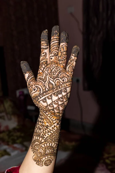 Mani Indiane Splendidamente Decorate Una Donna Con Mehandi Henna Tipicamente — Foto Stock