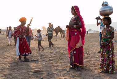 PUSHKAR, RAJASTHAN / INDIA - Kasım 2019: Pushkar fuarında tüccarlarıyla birlikte develer