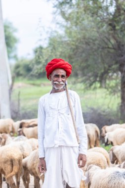 Jawai, Rajasthan, Hindistan - Eylül 2021: Jawai sahasında Rabari etnik grubuna mensup bir erkek çobanın portresi.