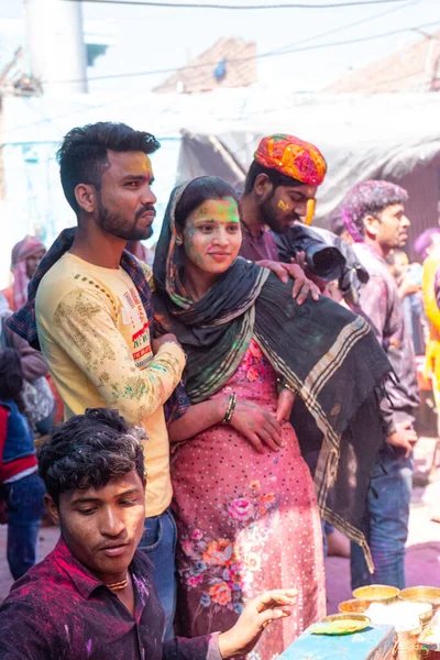 Barsana Uttar Pradesh Indie Marzec 2022 Portret Hindusów Kolorowych Twarzach — Zdjęcie stockowe
