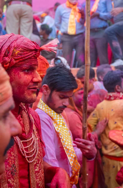 Barsana Uttar Pradesh Índia Março 2022 Indianos Celebram Tradicional Festival — Fotografia de Stock