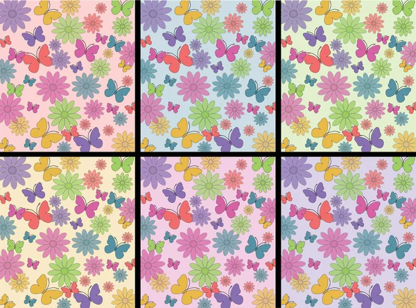 Padrão com borboletas e flores com 6 diferentes fundos coloridos — Vetor de Stock