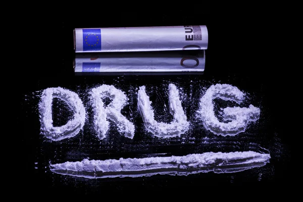 Word Drug, cocaine powder and 50 euro — Stock Photo, Image