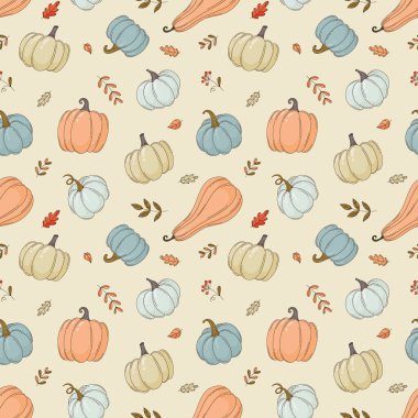 Değişik balkabakları ve sonbahar yapraklarıyla kusursuz desen. Sonbahar tatilleri, kumaşlar, ambalaj kağıtları için kusursuz bir arka plan..