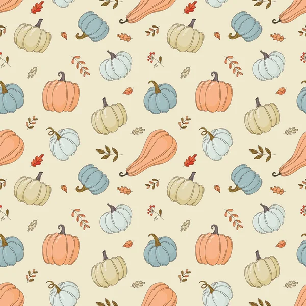 Безшовний візерунок з різноманітними гарбузами та осіннім листям. Безшовний фон для осінніх канікул, тканини, обгорткового паперу . — стоковий вектор