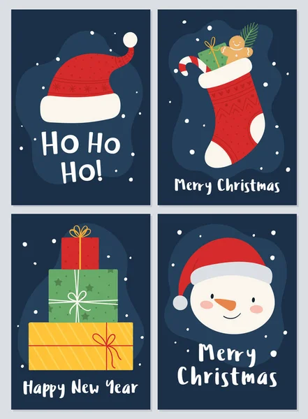 Ein Satz Postkarten für die Weihnachts- und Neujahrsfeiertage. Socke, Geschenke Schneemann und Weihnachtsmann. — Stockvektor