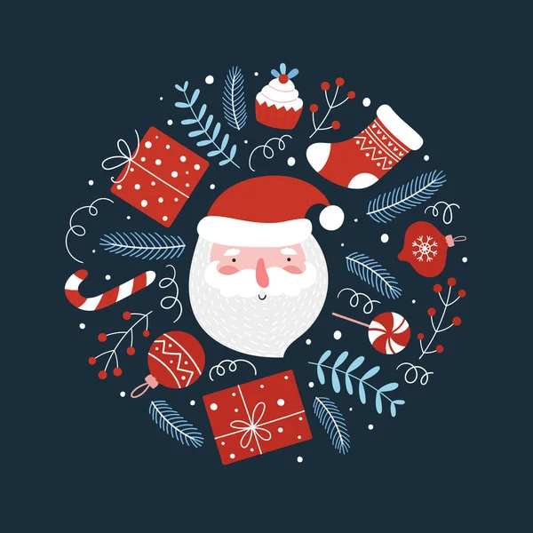 Boże Narodzenie okrągły kompozycja z zabawnym Mikołajem, prezenty i lizaki. — Wektor stockowy