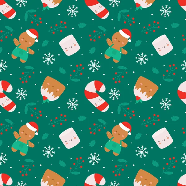 Boże Narodzenie bezproblemowy wzór z cute znaków. Babeczka świąteczna, imbir, pianka i trzcina cukrowa. — Wektor stockowy