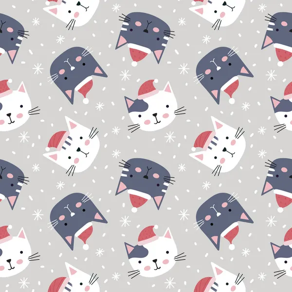 Patrón sin costuras de Navidad con gatitos lindos en sombrero de Santa Claus. Infantil vector de fondo. — Vector de stock