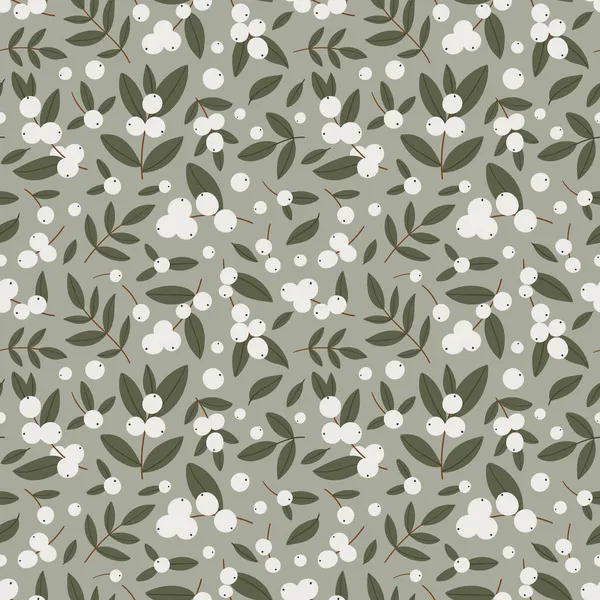 Nahtloses Muster mit winterweißen Beeren auf olivem Hintergrund. — Stockvektor