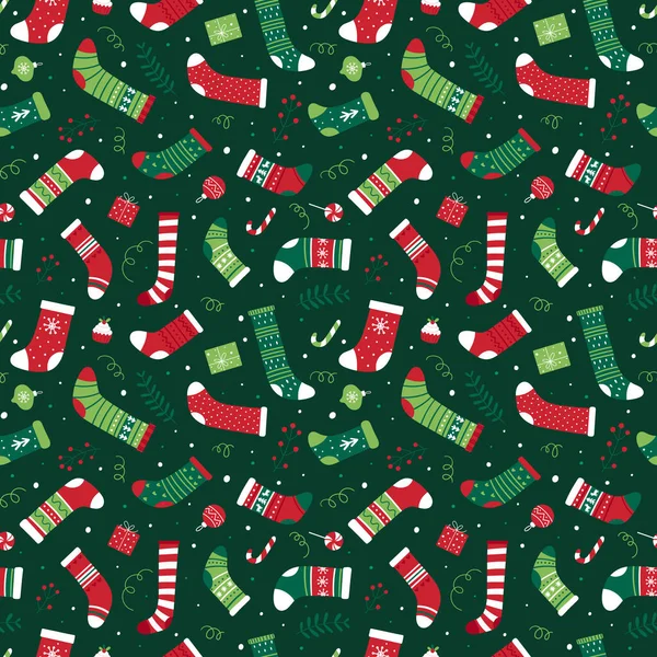 Patrón de Navidad sin costuras con calcetines de Navidad surtidos. — Vector de stock