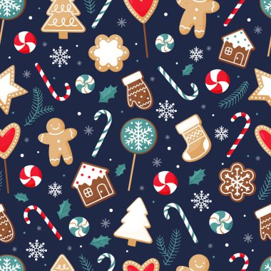 Zencefilli kurabiye ve şekerle kusursuz bir Noel deseni.