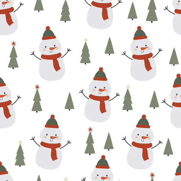 Patrón de vector sin costuras con muñecos de nieve divertidos y árboles de Navidad. Fondo sin costuras de invierno en estilo plano de dibujos animados. — Vector de stock