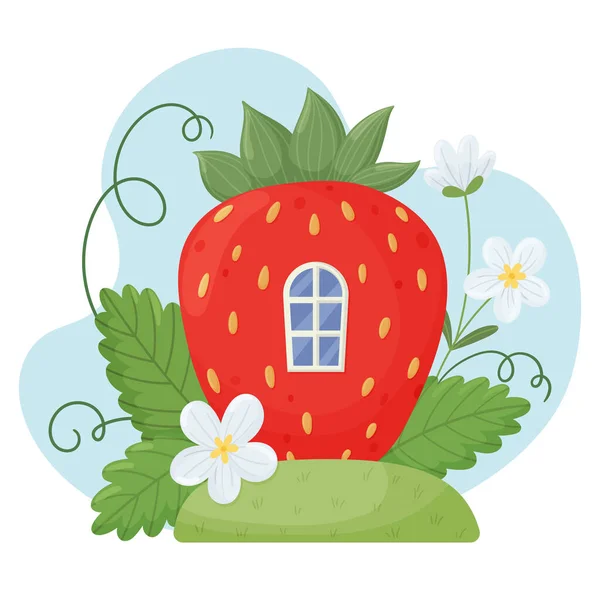 Cute small house made from strawberries. Fairytale fantasy home for gnome or fairytale creature. — Stock Vector