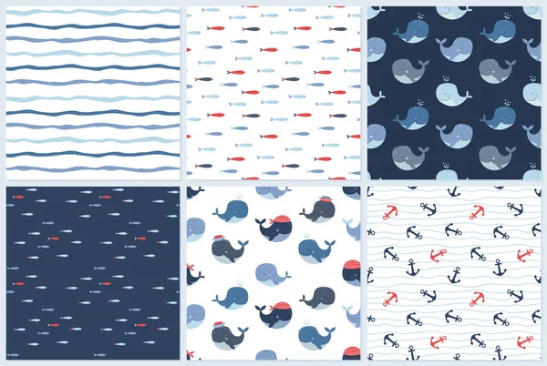 Conjunto de patrones náuticos sin costura con anclas, peces, ballenas y olas. — Vector de stock