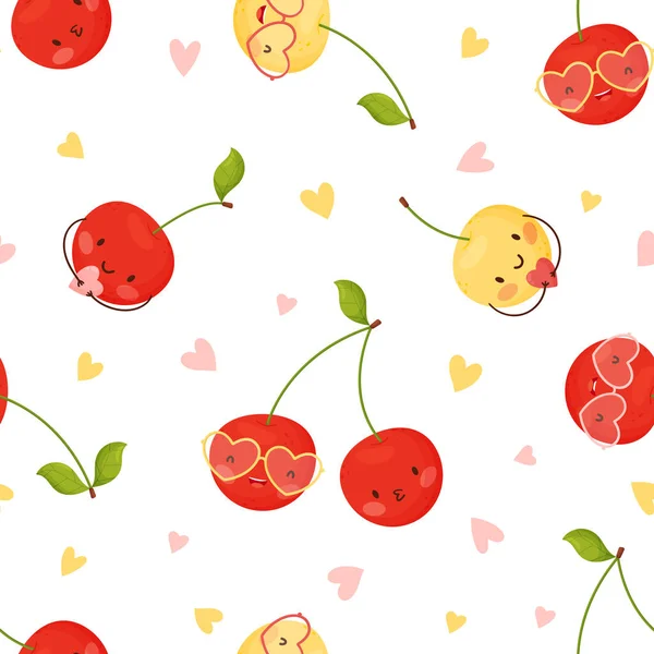 Valentine s Day seamless pattern. Cute cartoon cherry with heart glasses. Vector illustration. White background. — Stock Vector