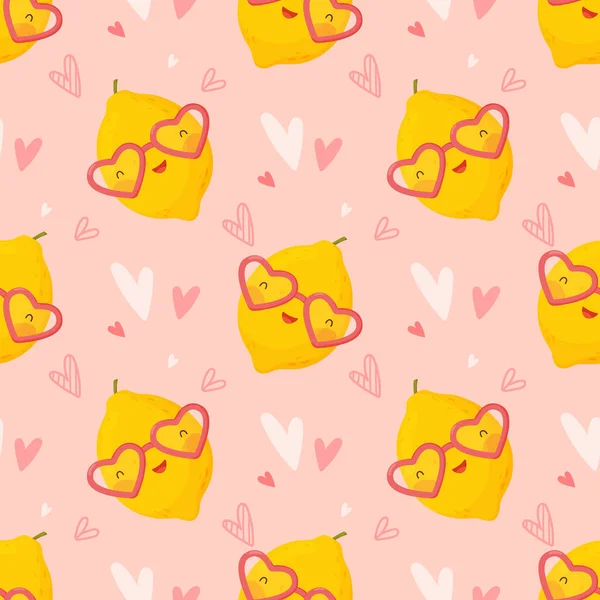 San Valentino modello senza soluzione di continuità. Carino cartone animato limone con bicchieri di cuore. Illustrazione vettoriale. — Vettoriale Stock