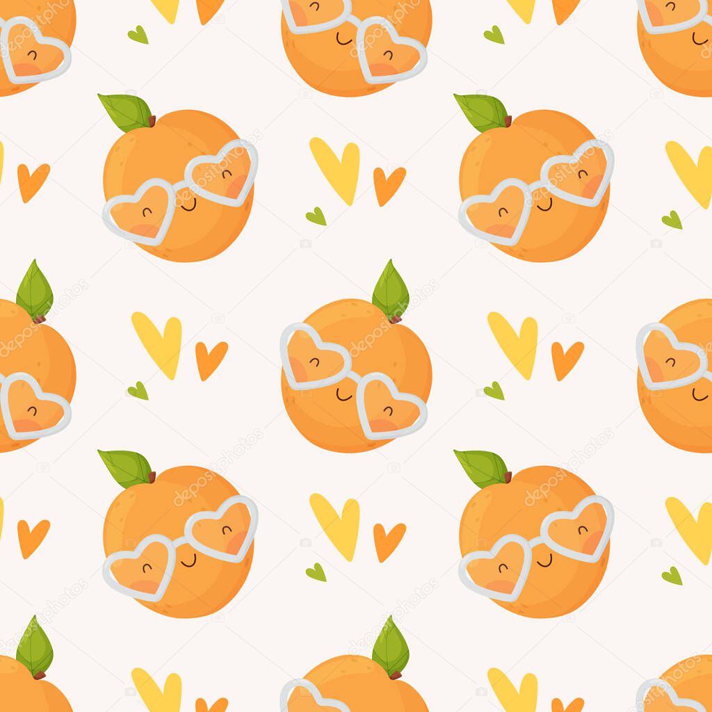 Valentines Day seamless pattern. Cute cartoon apricot with heart glasses.