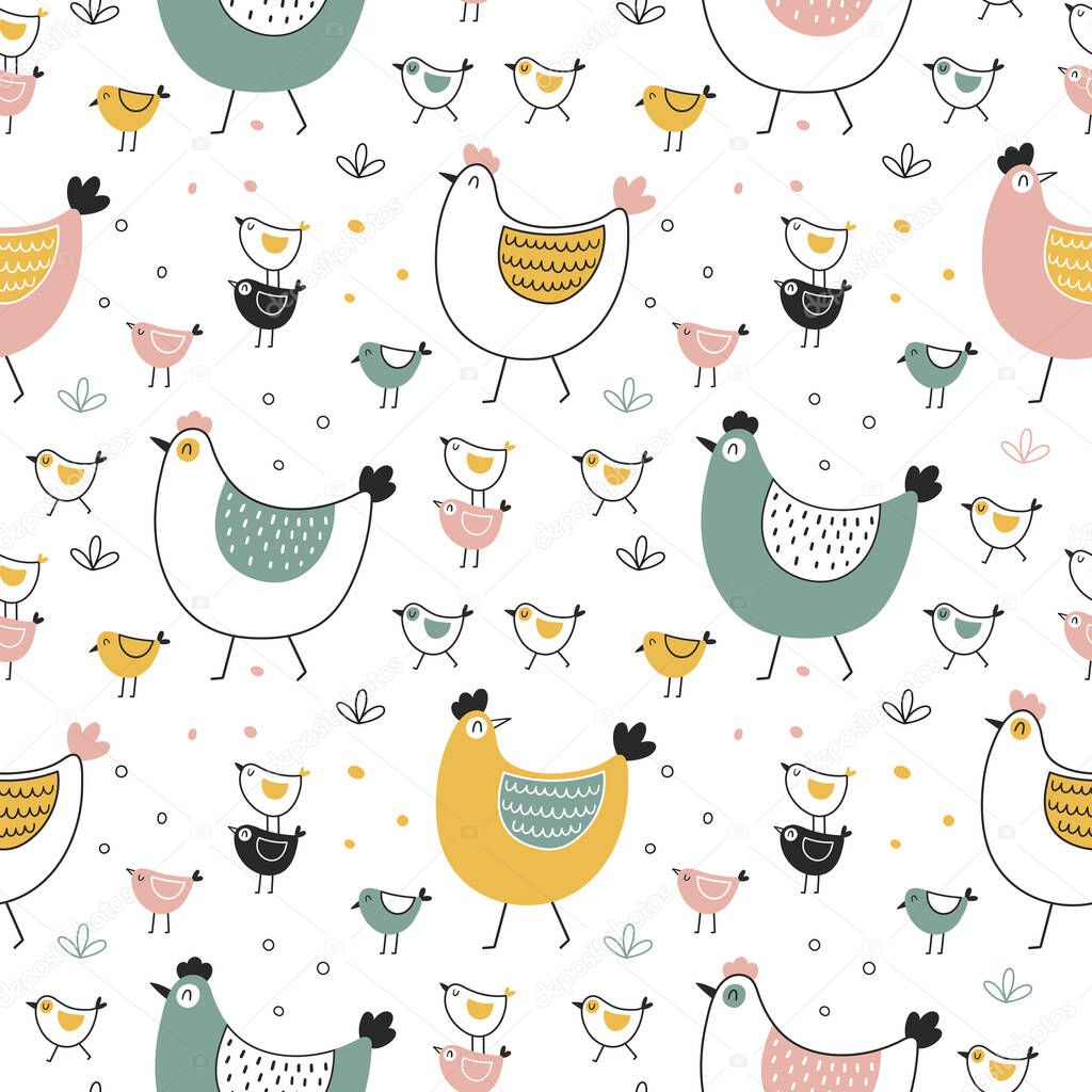 Hens and chickens seamless vector pattern in scandinavian style.