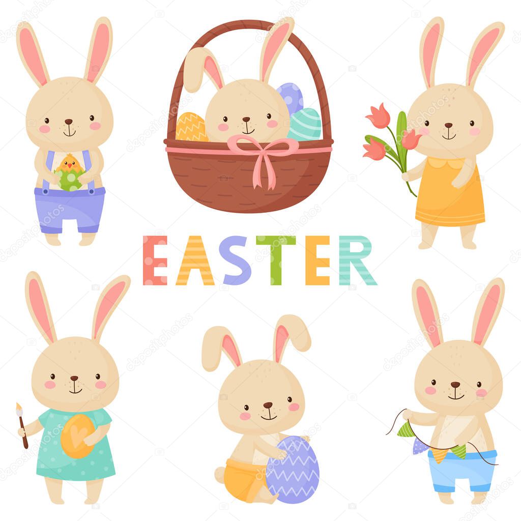 Bright Easter set with cute bunnies in different poses.