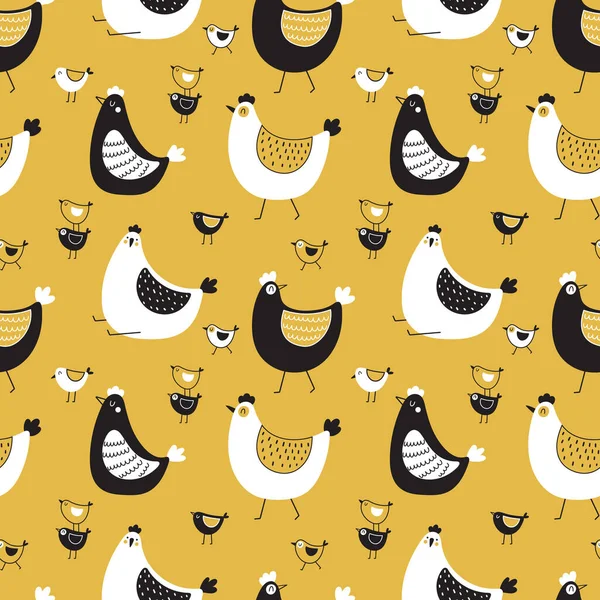 鶏や鶏のシームレスなベクトルパターン。黄色の背景に創造的な幼稚なテクスチャ — ストックベクタ