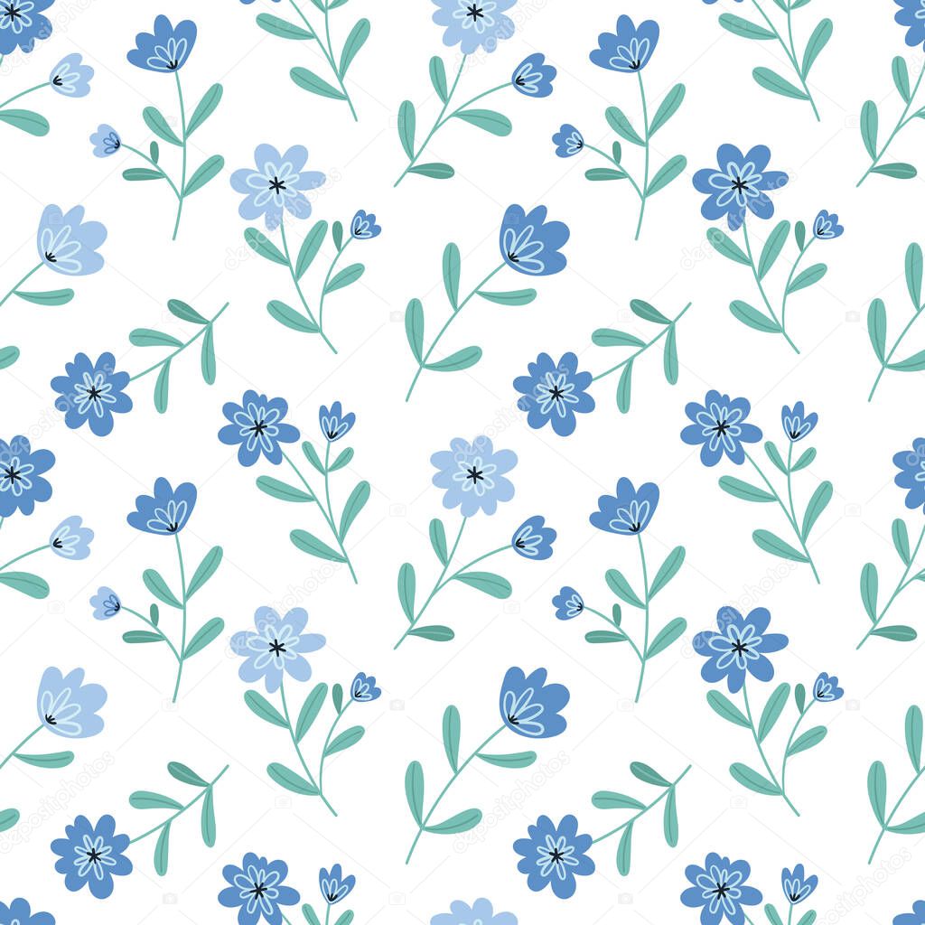 Seamless floral pattern with simple spring flowers on a white background.