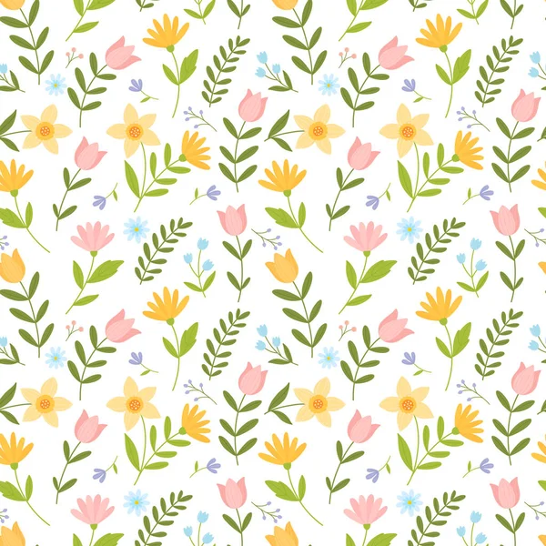 Patrón sin costuras con flores primaverales brillantes en un estilo de dibujos animados simple. Lindo fondo de primavera para tela, cubiertas, papel de envolver. — Vector de stock