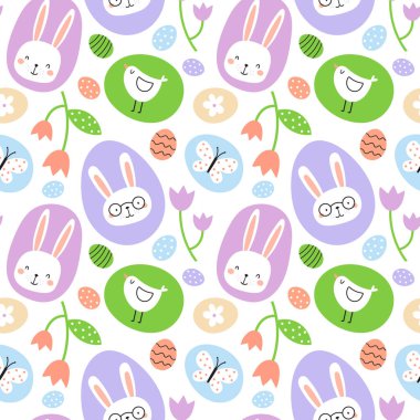 Kusursuz Paskalya deseni. Elle çizilmiş renkli çocuklar bahar paskalya desenlerinde tavşanlar, civcivler ve paskalya yumurtaları .