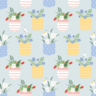 Bir cebinde yaz çiçekleri. Kusursuz desen. Basit bir düz biçimdeki vektör arkaplanı.