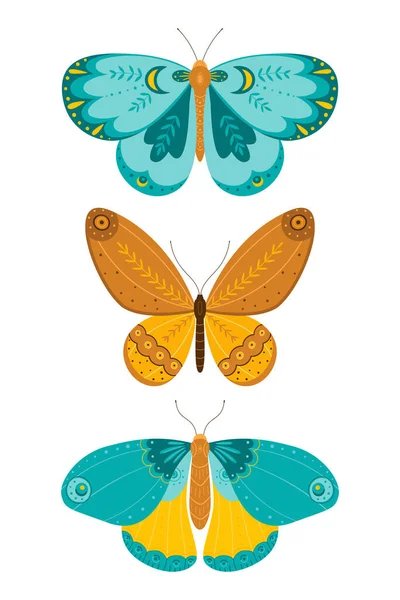 Motýli v ručně kresleném stylu. Různé motýly na bílém pozadí. — Stockový vektor