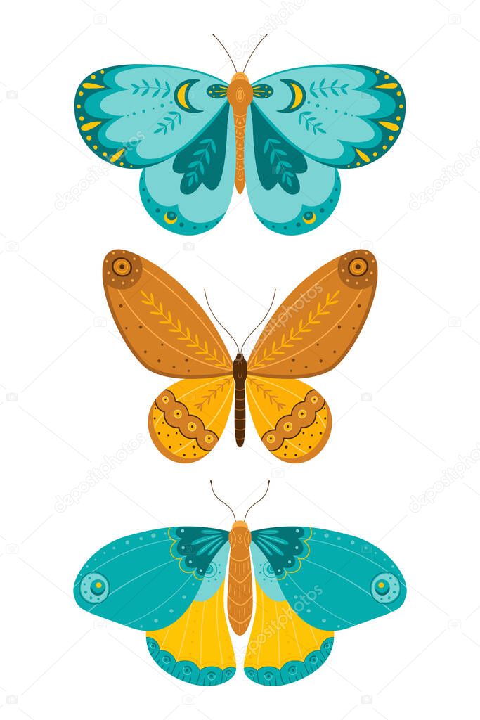 Butterflies set in hand drawing style. A variety of butterflies on a white background.