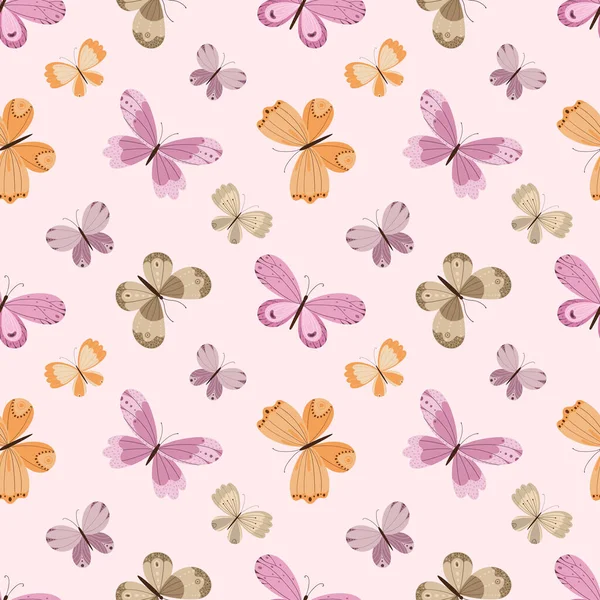 薄いピンクの背景に様々なカラフルな蝶と繊細なシームレスなパターン. — ストックベクタ